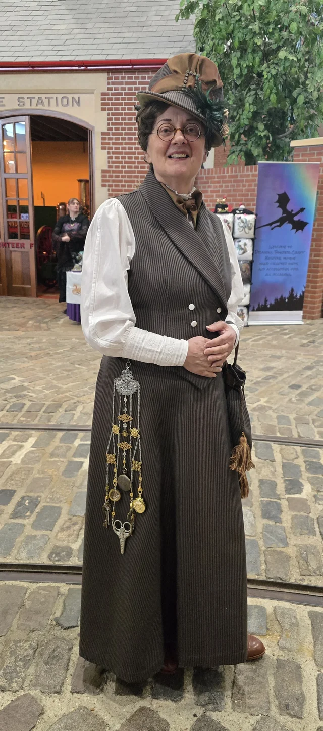 Victorian pinstripe waistcoat ensemble with hat and handcrafted silver chatelaine accessory