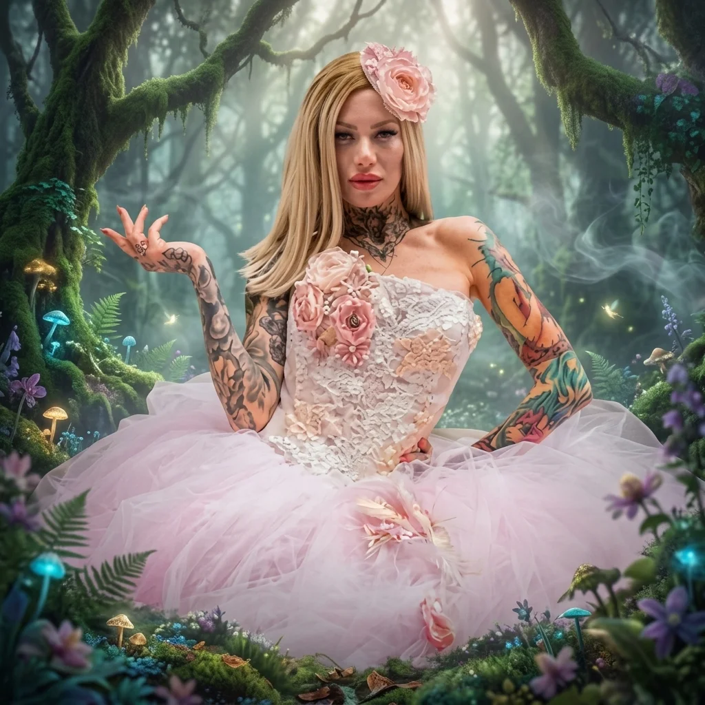 Bespoke pale pink fairytale wedding dress with lace corset and handmade flowers set in an ethereal woodland setting