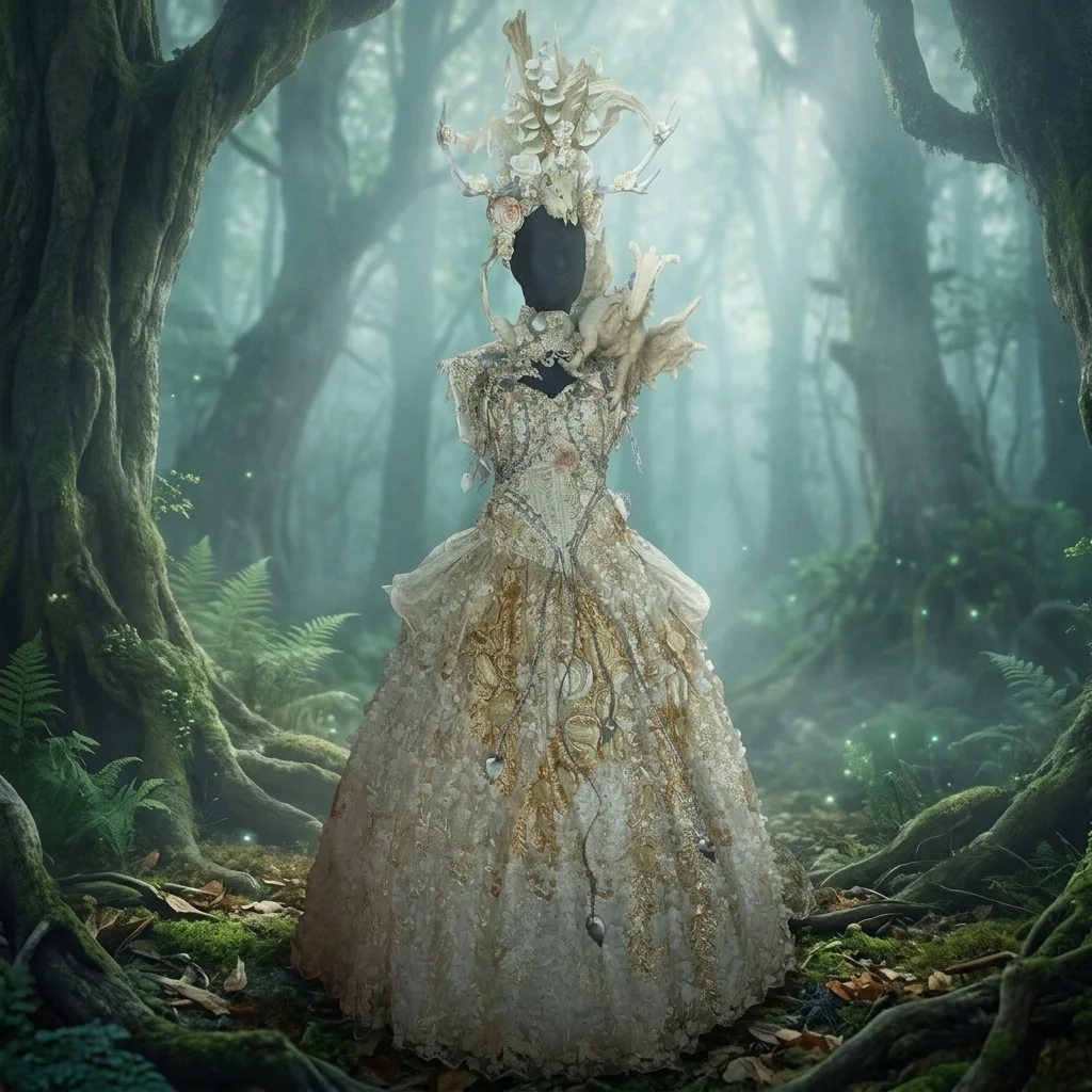 Actors in theatrical fantasy costumes in an ethereal woodland setting