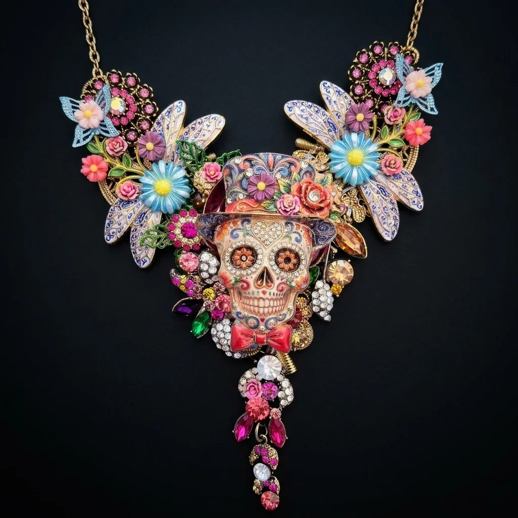 Handcrafted statement jewellery gothic sugar skull necklace