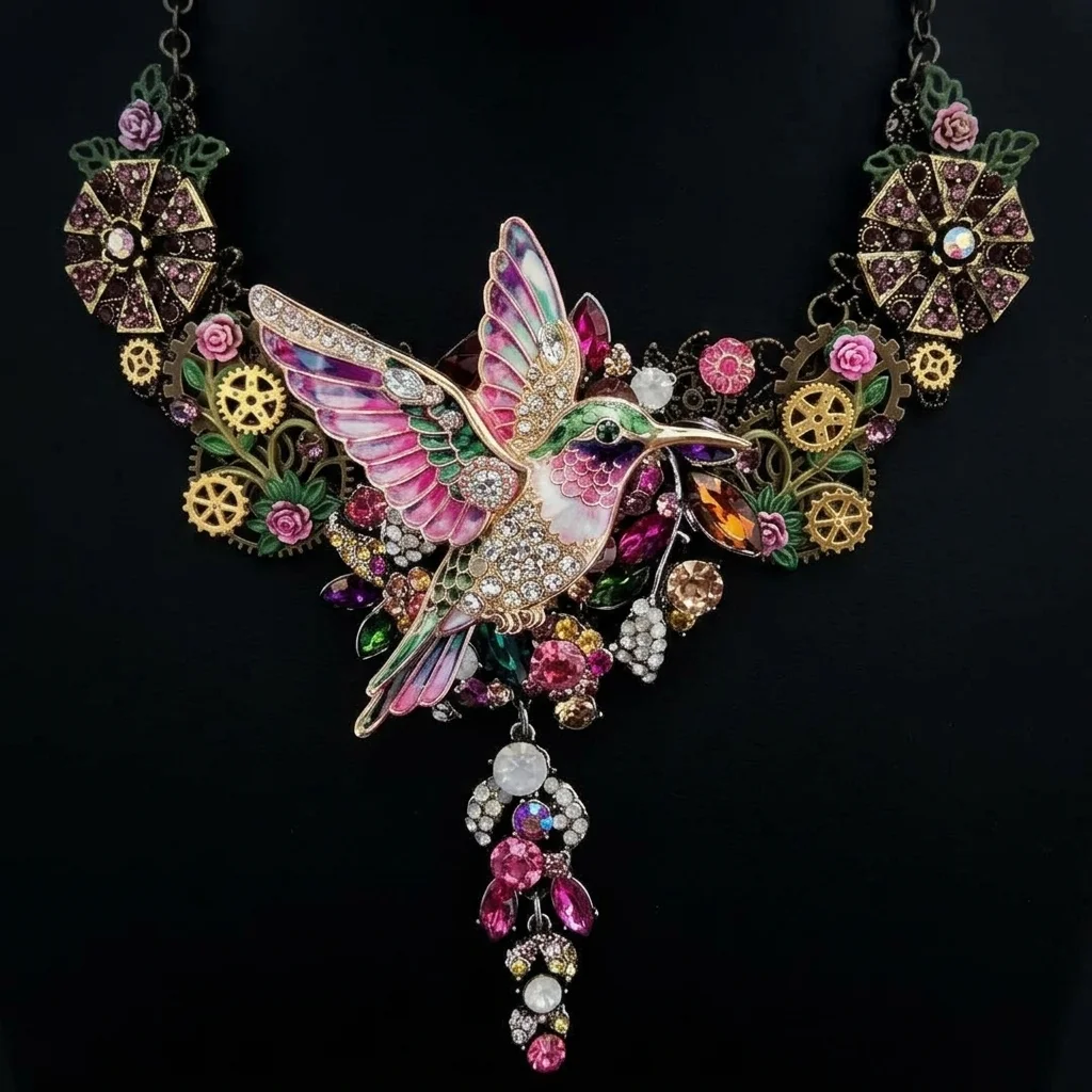 Handcrafted statement jewellery fantasy steampunk pink hummingbird necklace