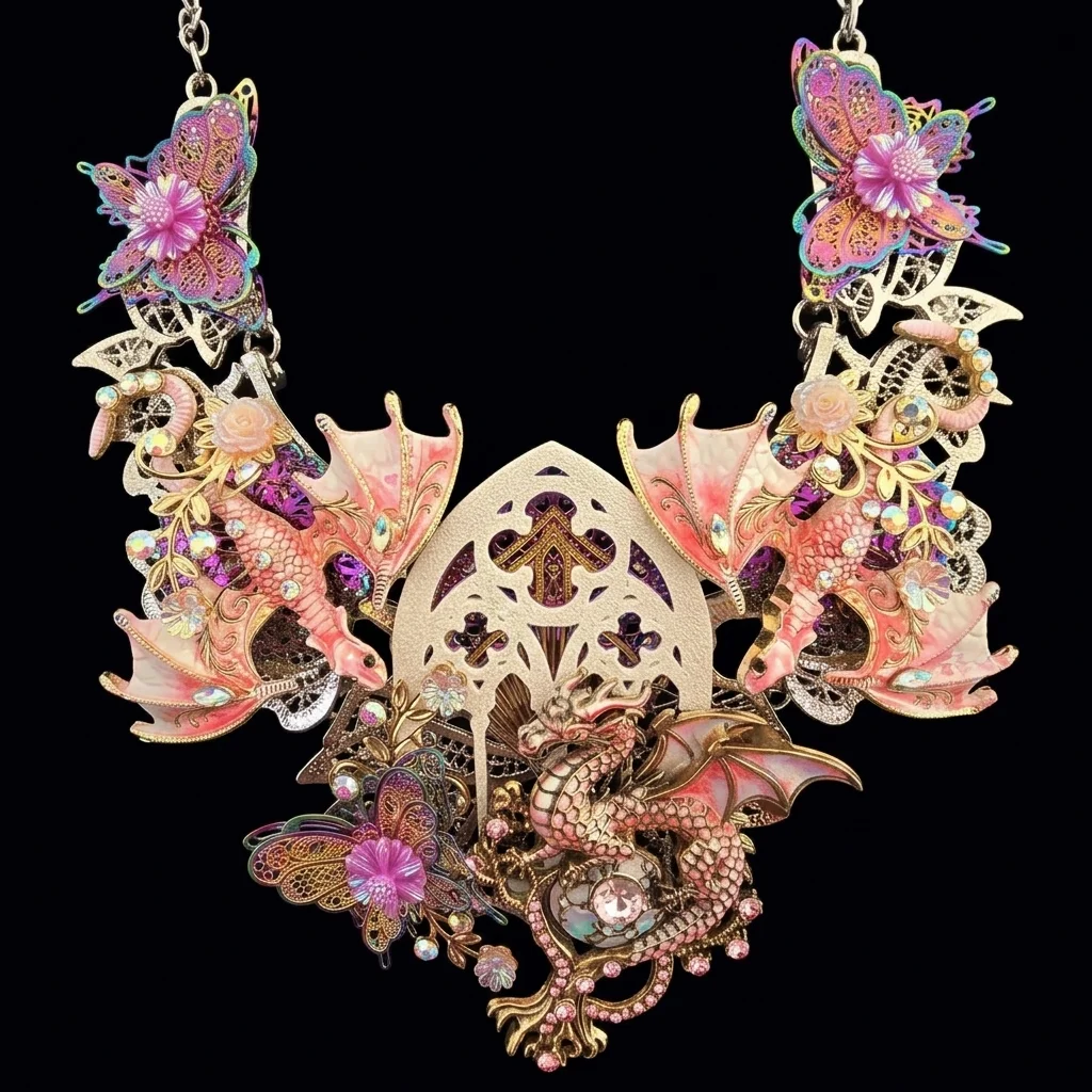 Handcrafted statement jewellery fantasy renaissance pink dragon necklace with church window