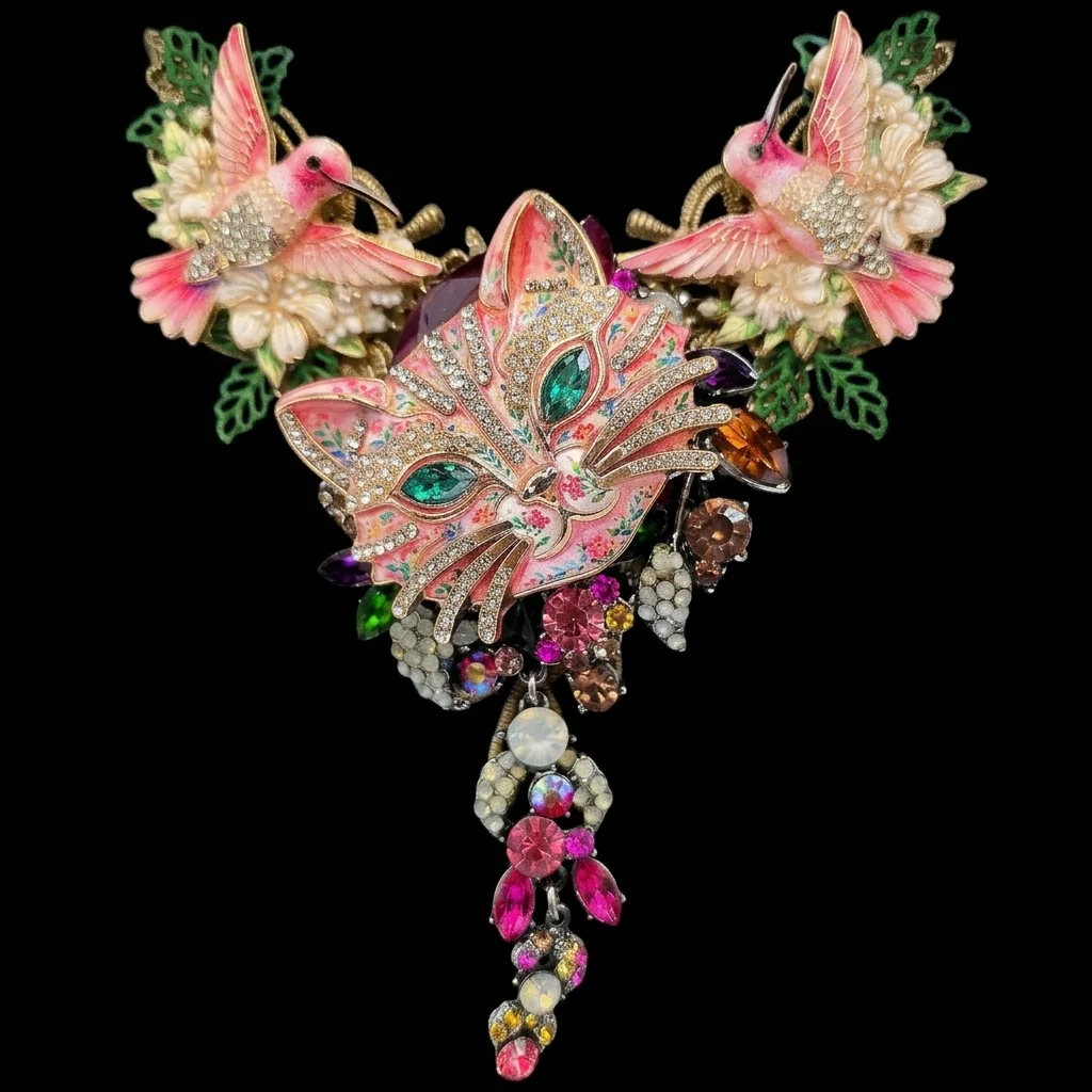 Handcrafted statement jewellery pink cat necklace