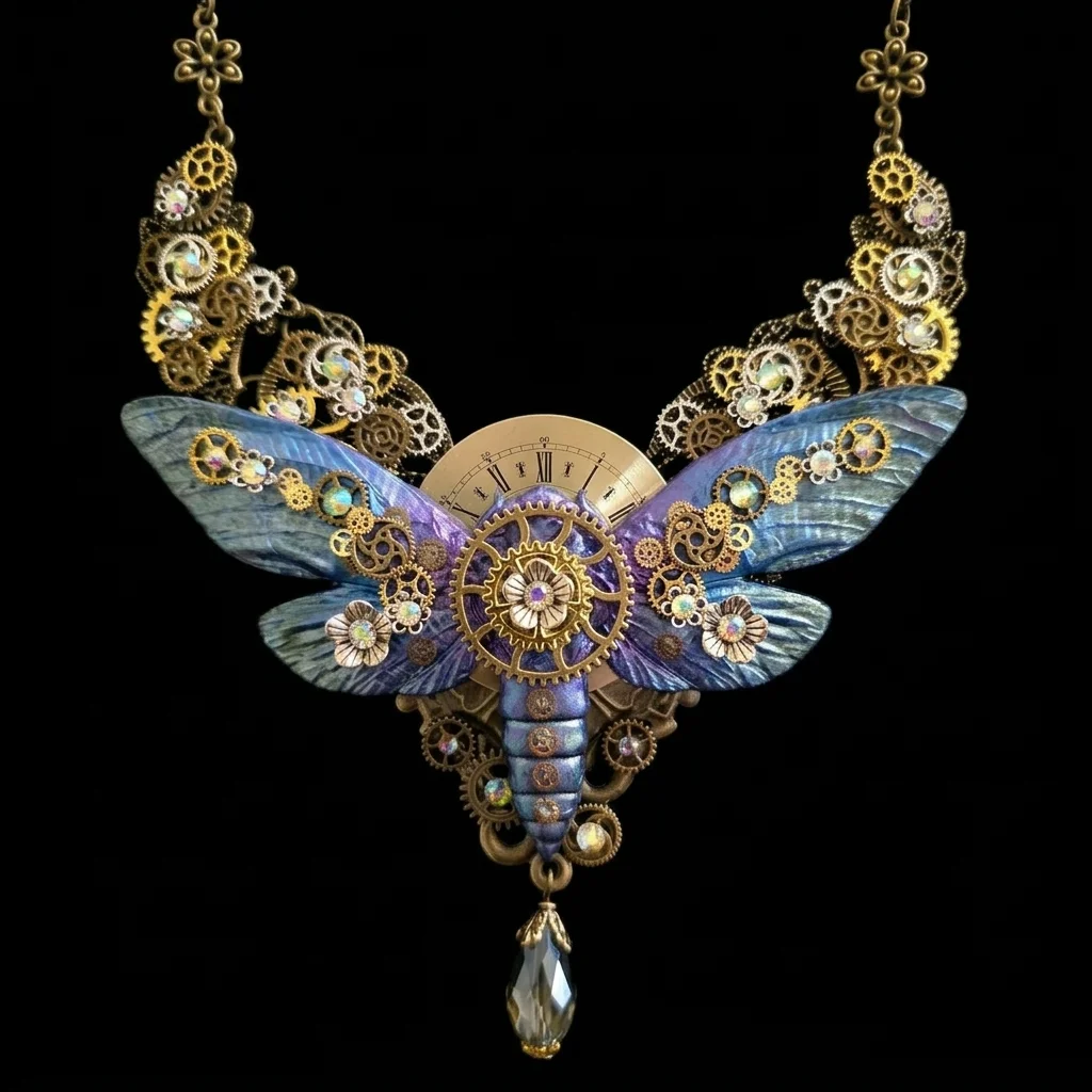 Handcrafted statement jewellery fantasy renaissance purple moth necklace with gears