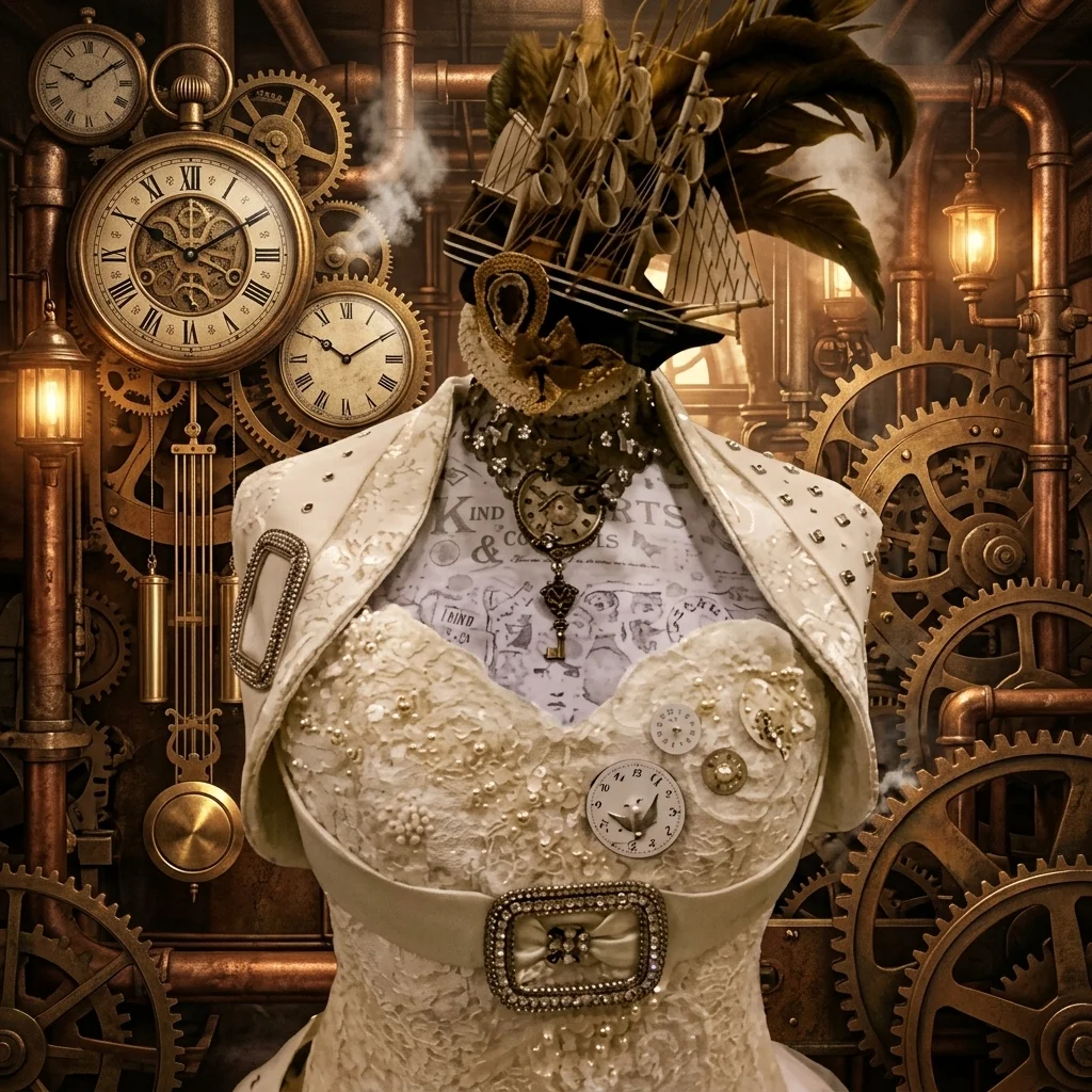 Lace and embroidered Steampunk bodice with pocket watch embellishment with steampunk clocks and gears background