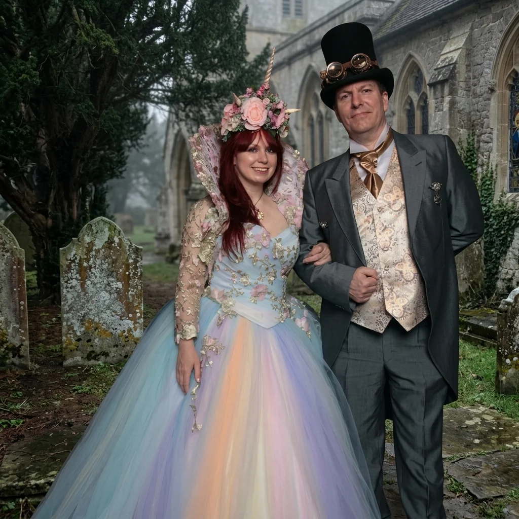 Bespoke rainbow tulle full length puffball skirt. Corset with pleated tulle in rainbow colurs, with lace appliques. Lace shrug jacket in pink, green and gold. Large Elizabethan style lace collar