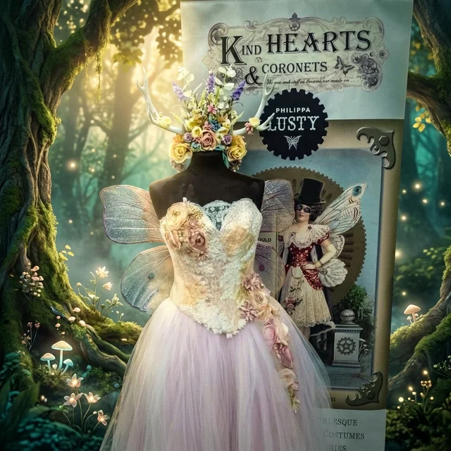 Pale pink fairy dress with flower decorations and transparent wings